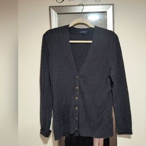 Lands' End Women's Large Black Cable Knit Cotton Cardigan